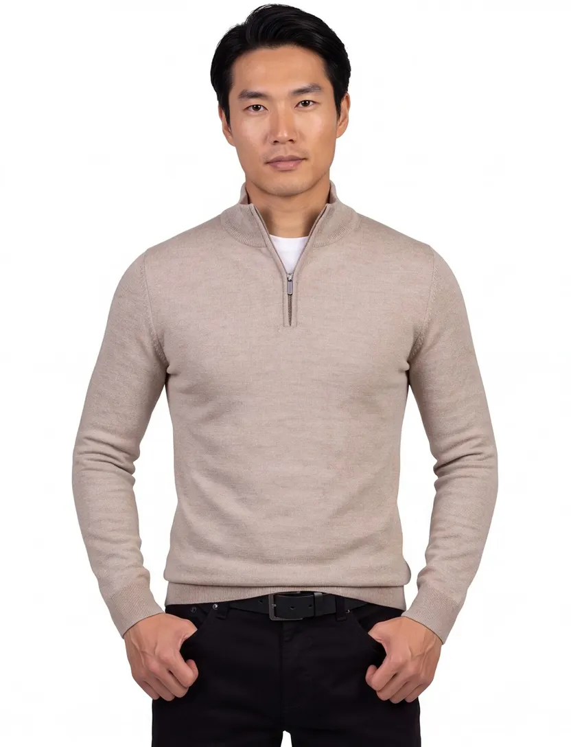 Cavallaro trui effen beige merinowol half zip