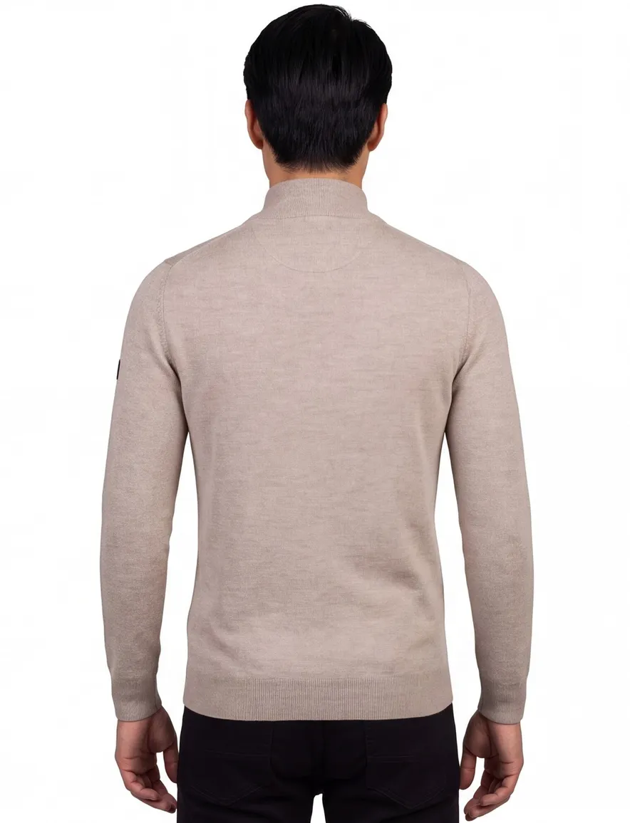 Cavallaro trui beige effen half zip merinowol