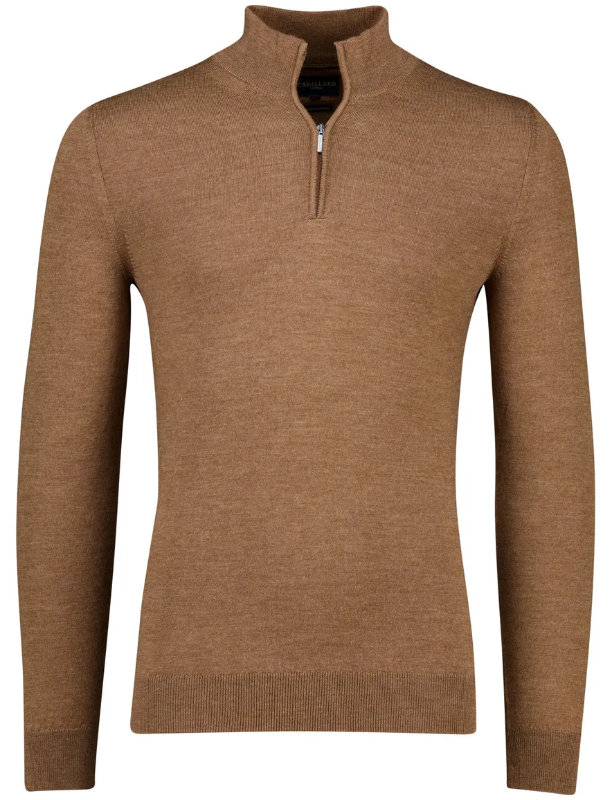 Cavallaro half zip trui bruin effen merinowol