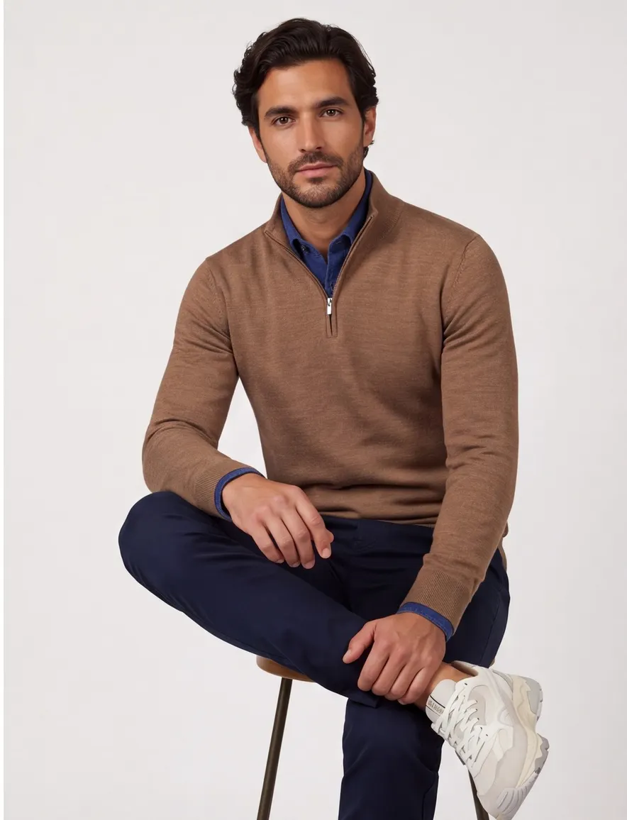 Cavallaro trui half zip effen bruin merinowol