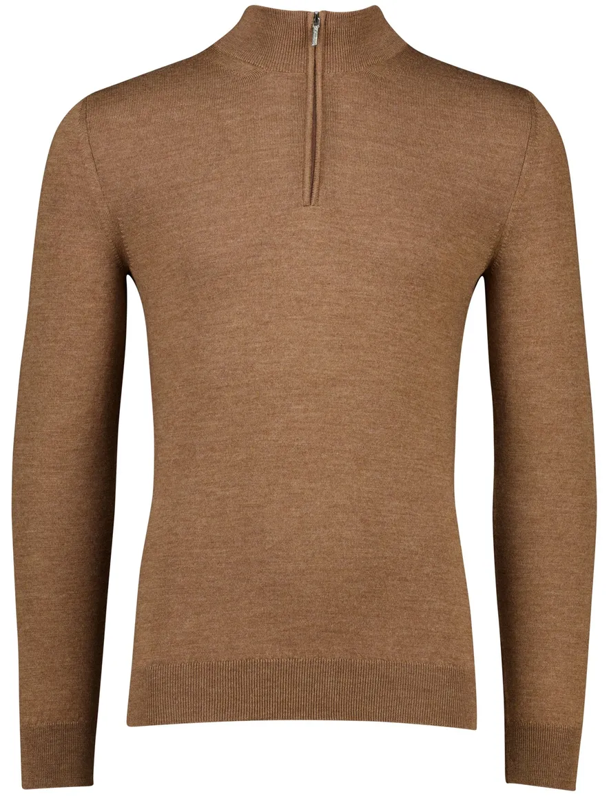 Cavallaro trui half zip effen bruin merinowol