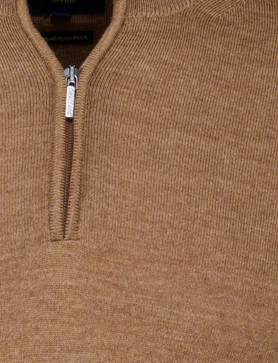 Cavallaro trui half zip effen bruin merinowol