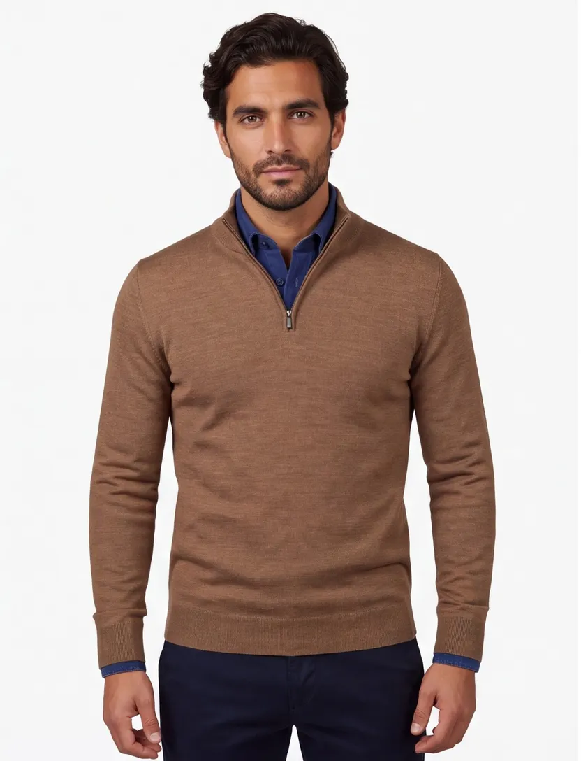 Cavallaro half zip trui effen bruin merinowol