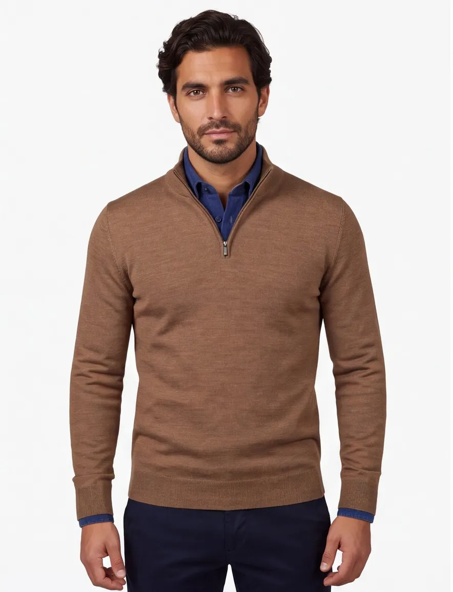 Cavallaro trui half zip effen bruin merinowol