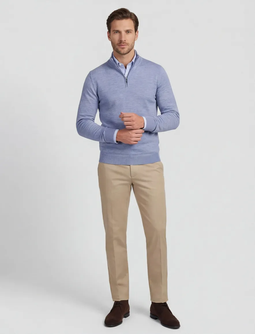 Cavallaro trui half zip blauw effen merinowol