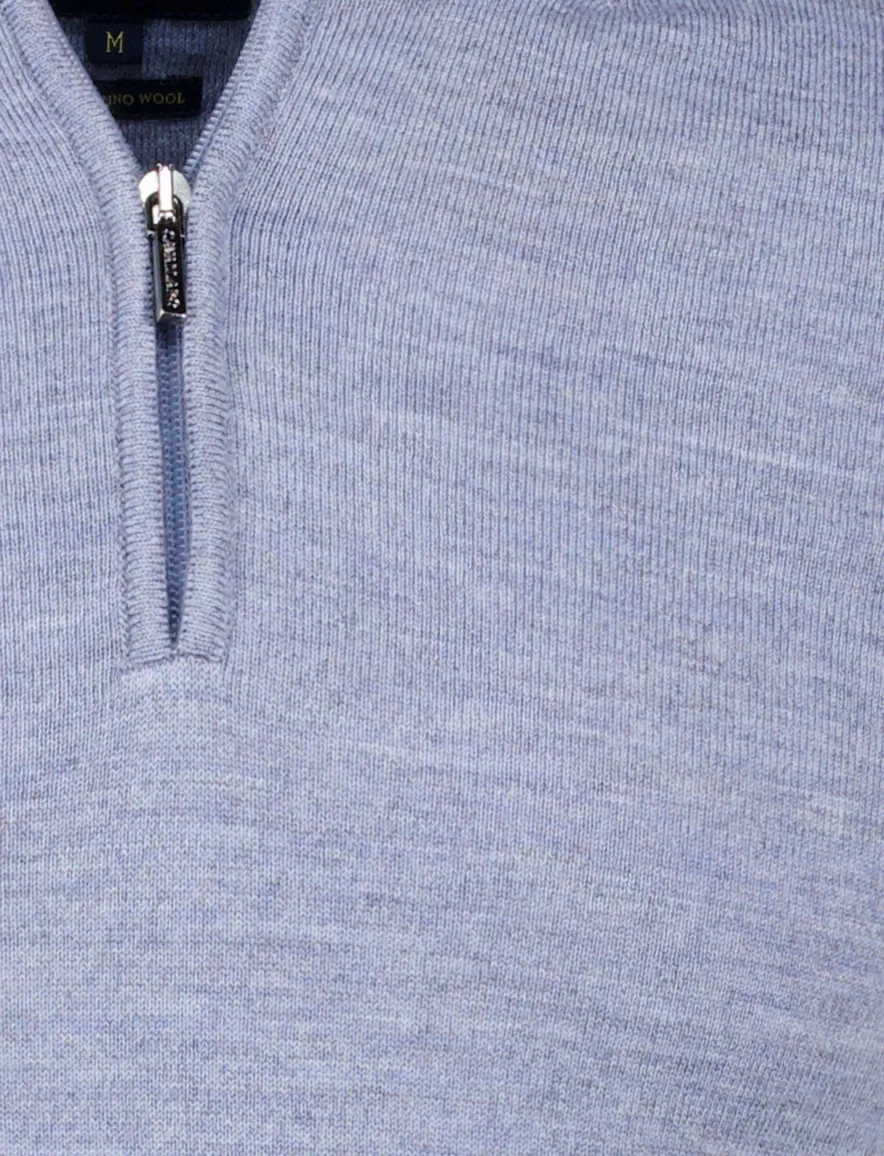 Cavallaro trui half zip blauw effen merinowol