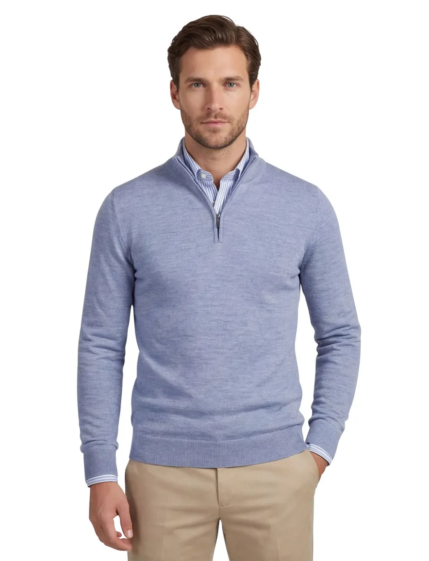 Cavallaro trui half zip blauw effen merinowol