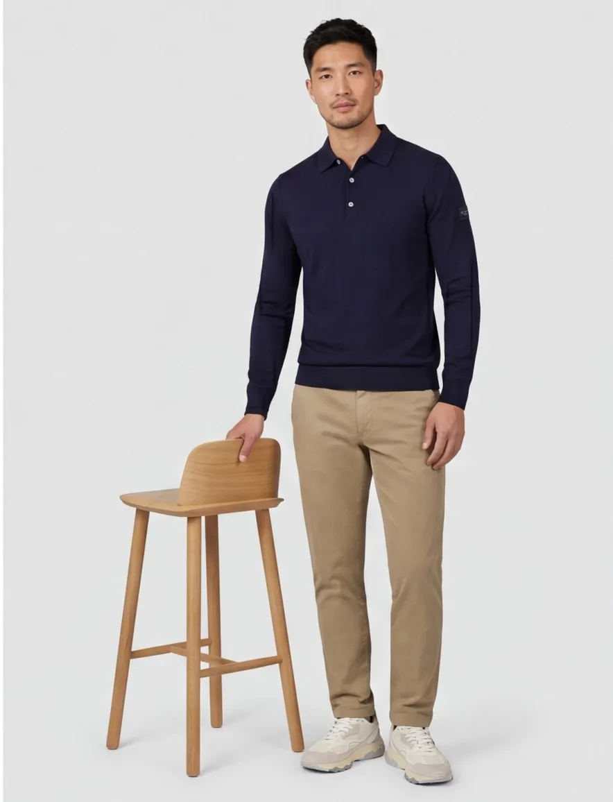 Donkerblauwe lange mouw polo Cavallaro merinowol