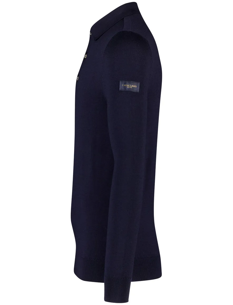 Donkerblauwe lange mouw polo Cavallaro merinowol