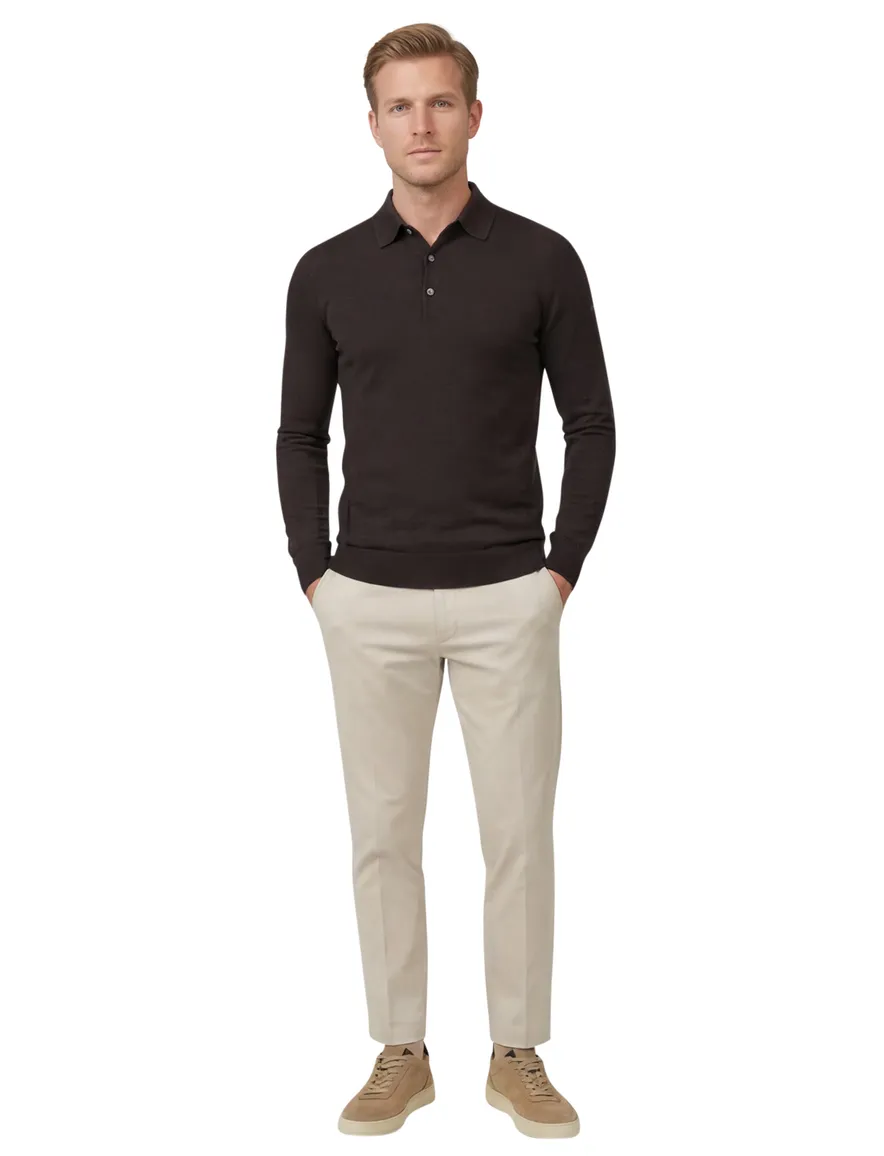 Bruine lange mouw polo Cavallaro merinowol