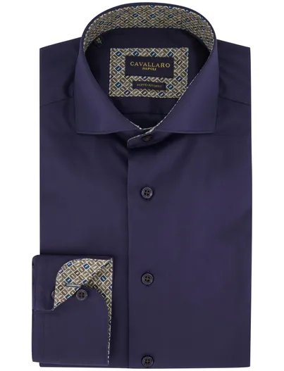 Cavallaro Cavallaro overhemd effen donkerblauw mouwlengte 7 katoen