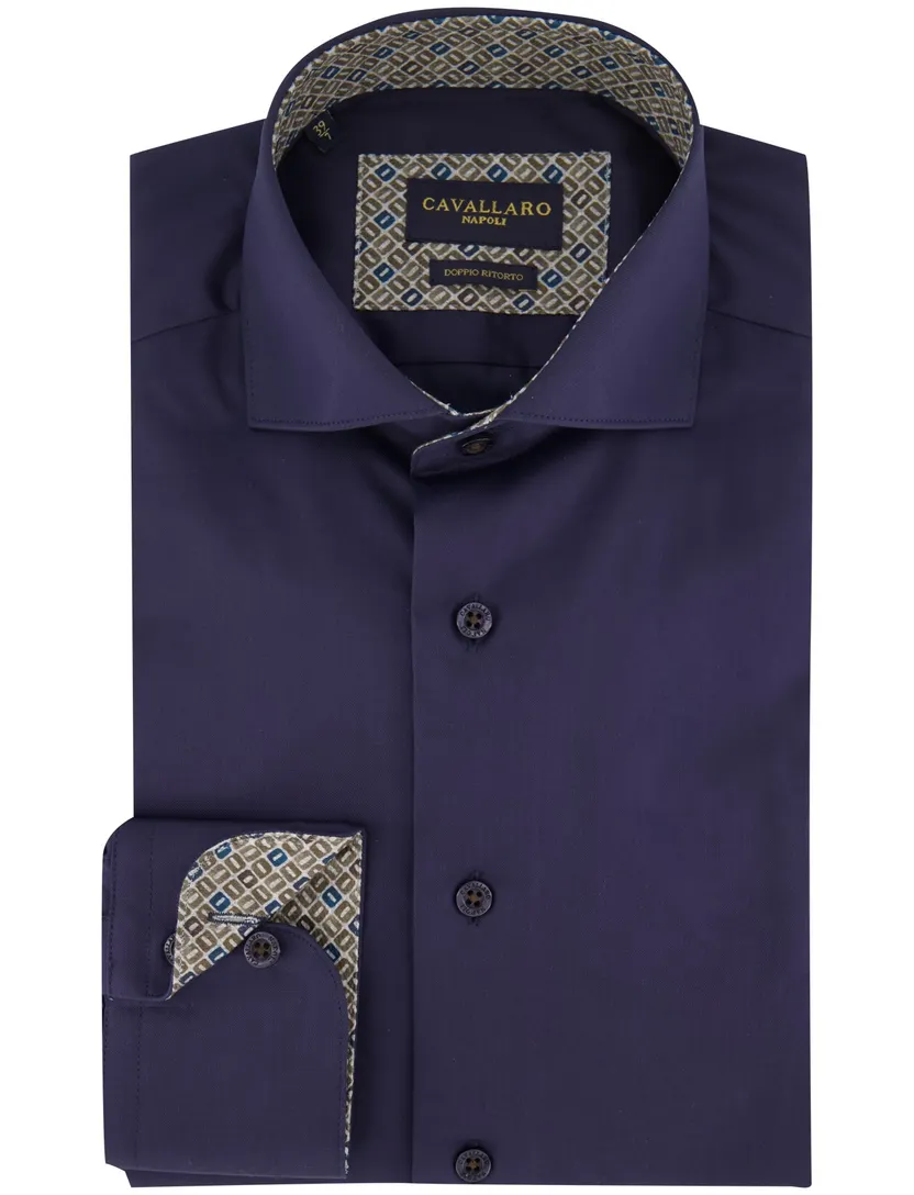 Overhemd Cavallaro effen donkerblauw katoen mouwlengte 7