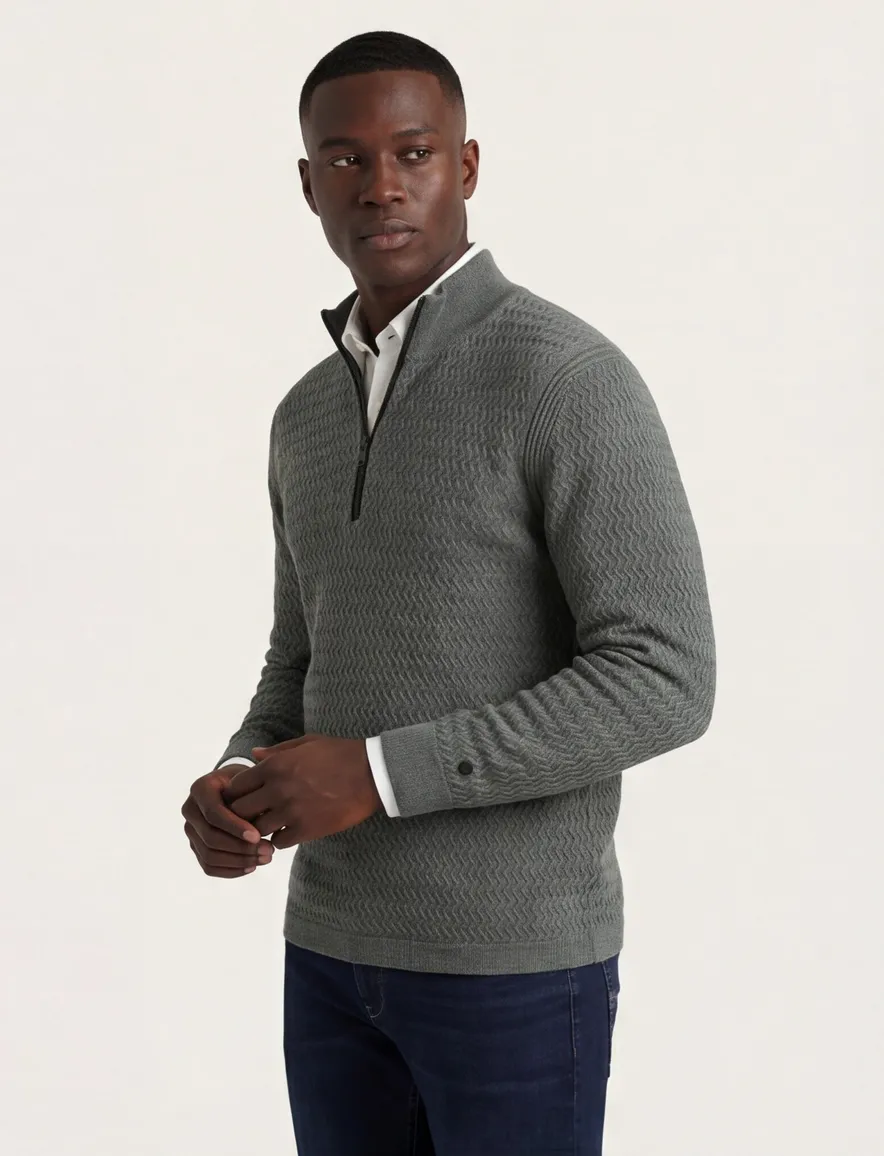 Cast Iron half zip trui met structuur grijs
