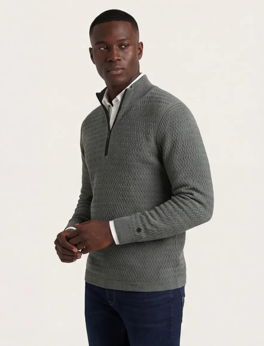 Cast Iron half zip trui met structuur groen