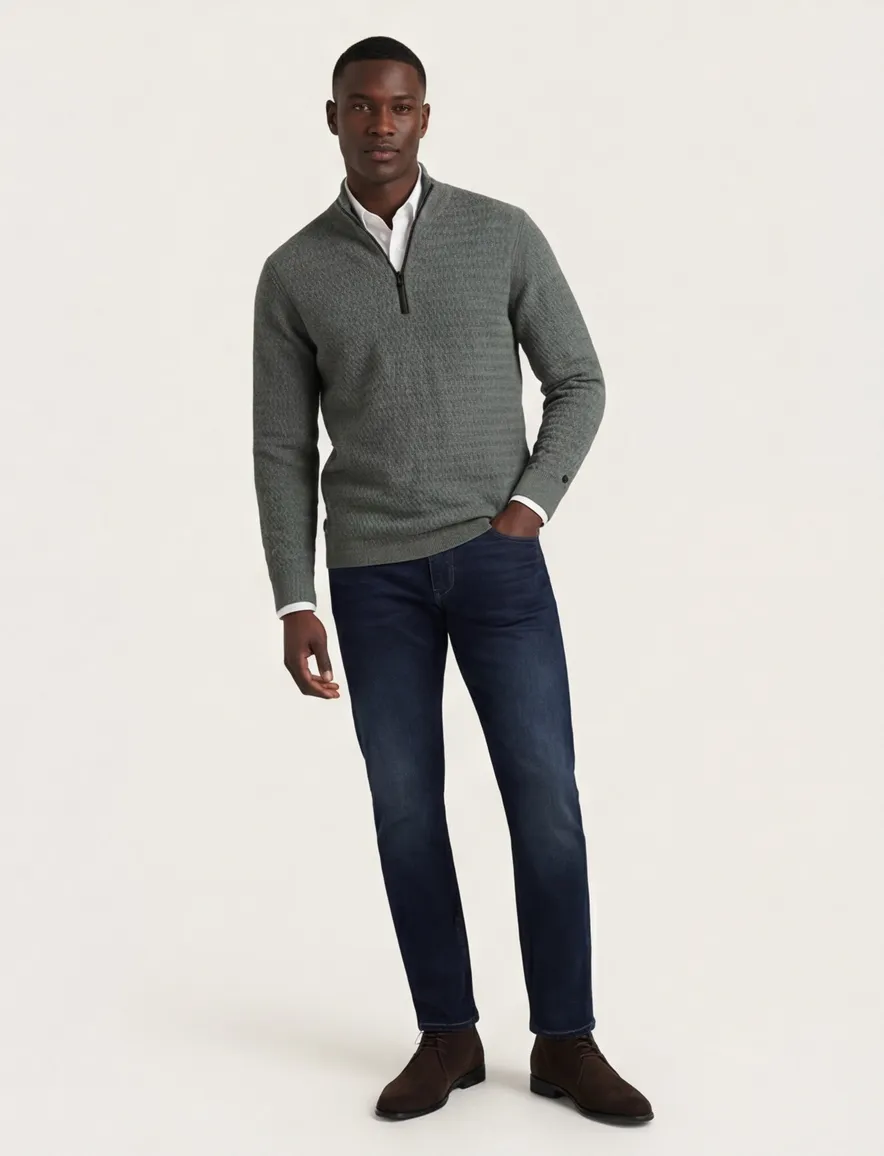 Cast Iron half zip trui met structuur grijs