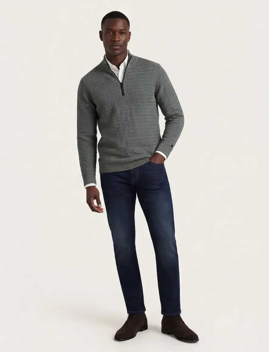 Cast Iron half zip trui met structuur groen