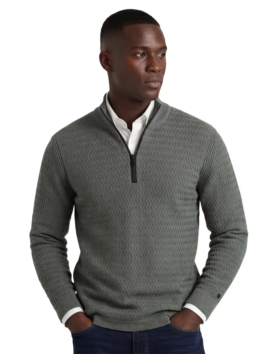 Cast Iron half zip trui met structuur grijs