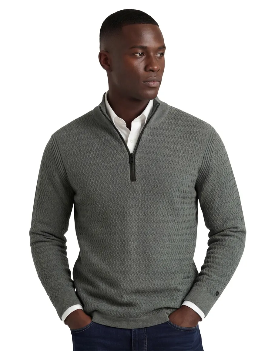 Cast Iron half zip trui met structuur groen