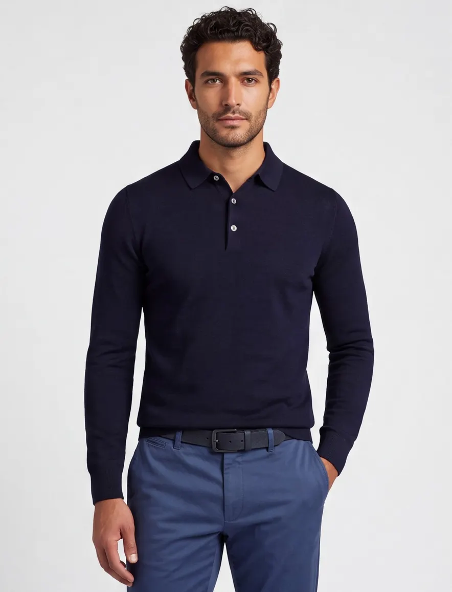 Extra lange donkerblauwe Portofino polo lange mouw merinowol