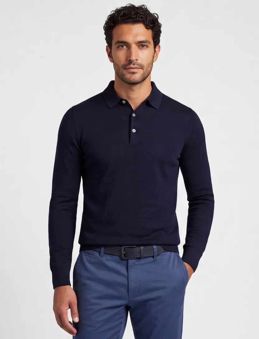 Normale fit extra lange merinowol polo Portofino donkerblauw