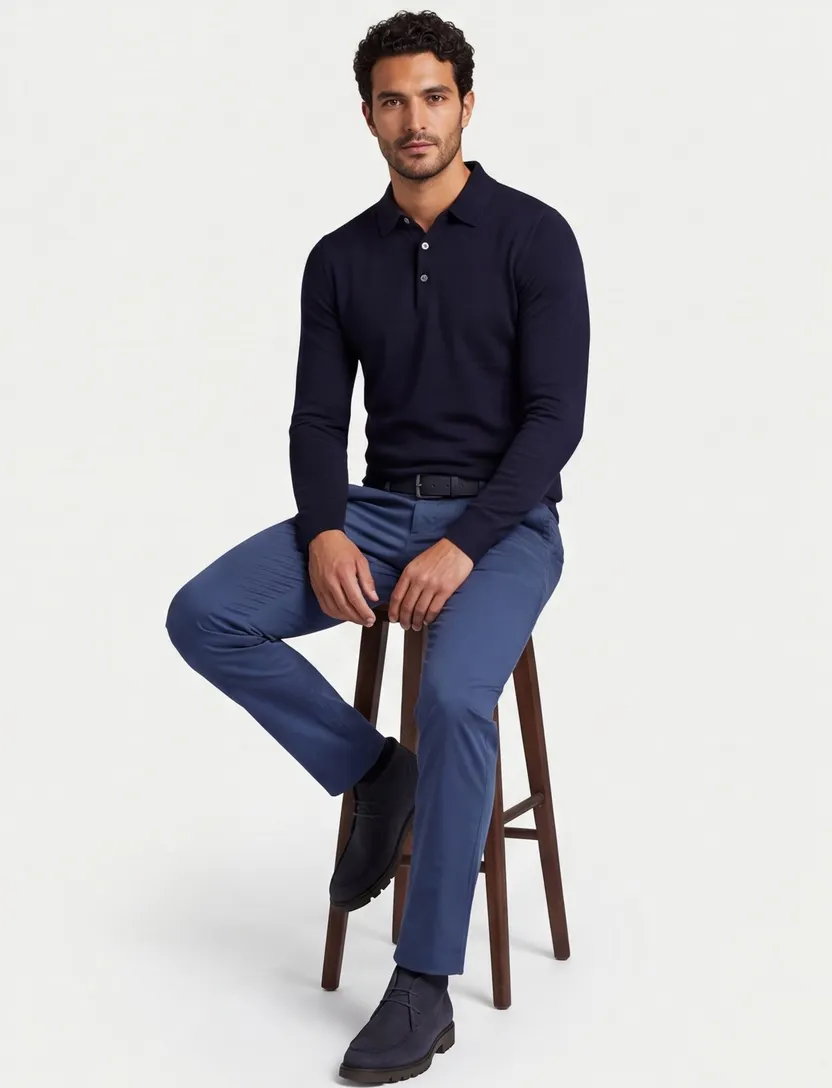 Normale fit extra lange merinowol polo Portofino donkerblauw
