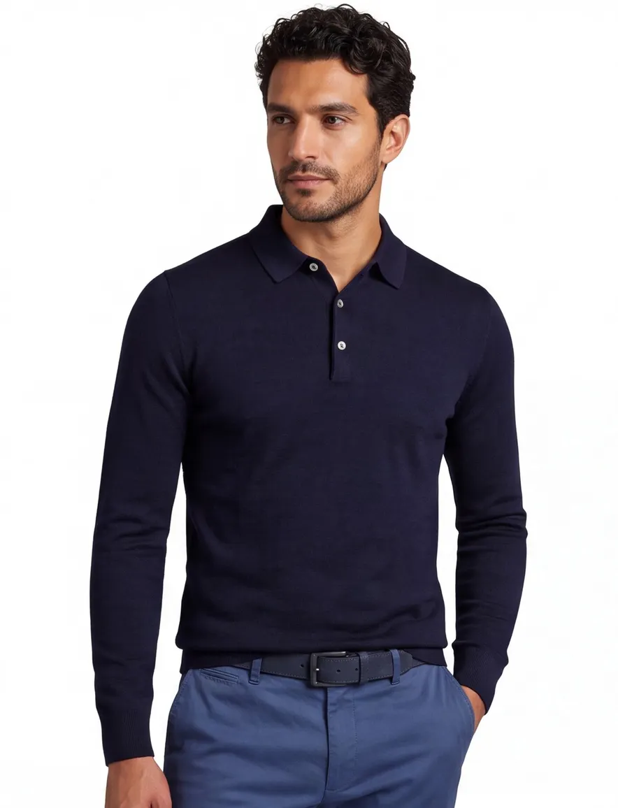 Extra lange donkerblauwe Portofino polo lange mouw merinowol