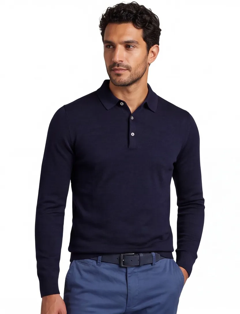 Normale fit extra lange merinowol polo Portofino donkerblauw