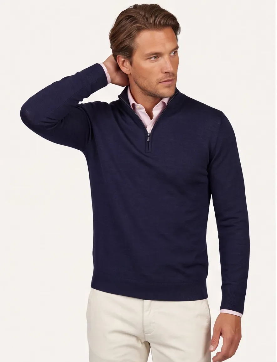 Portofino trui donkerblauw half zip merinowol