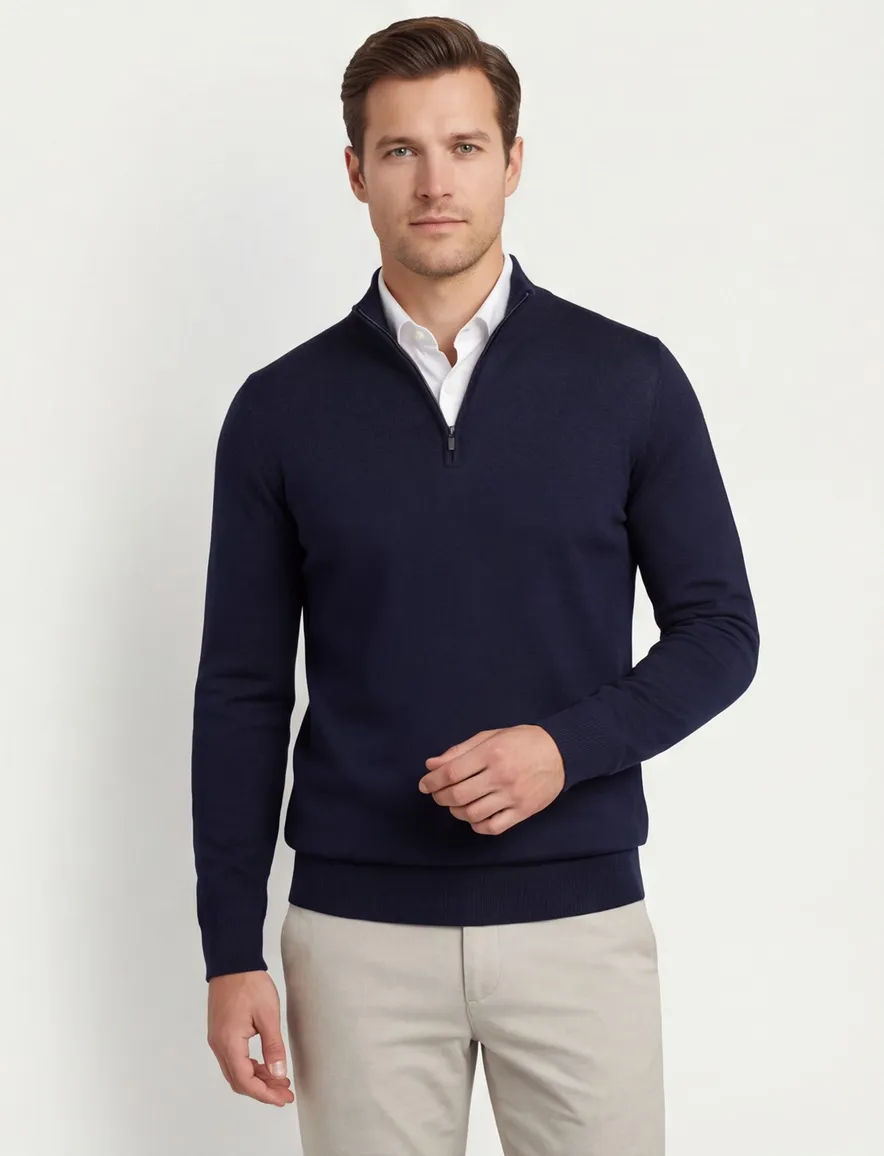 Portofino half zip trui donkerblauw merinowol effen