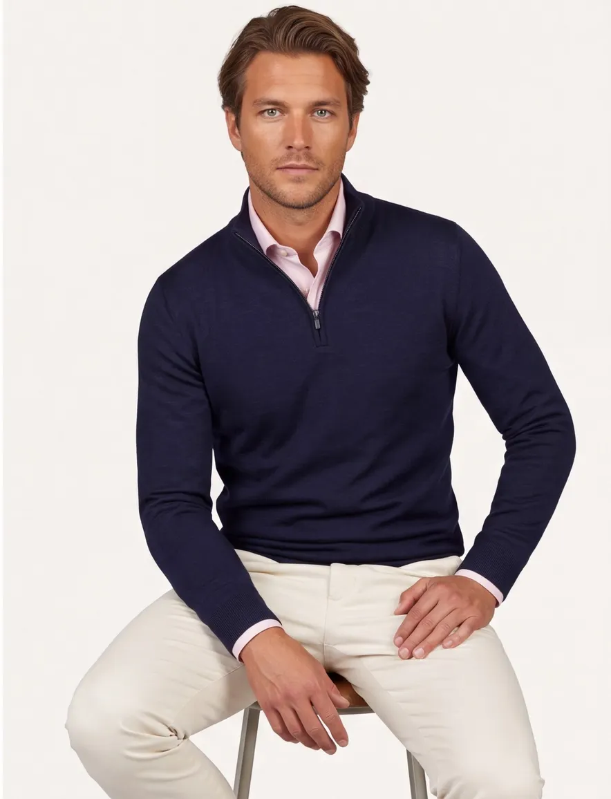 Portofino trui donkerblauw half zip merinowol