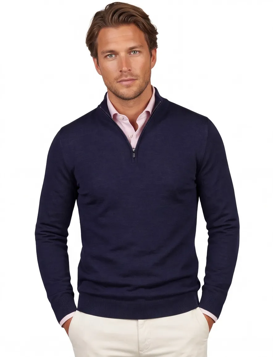 Portofino trui donkerblauw half zip merinowol