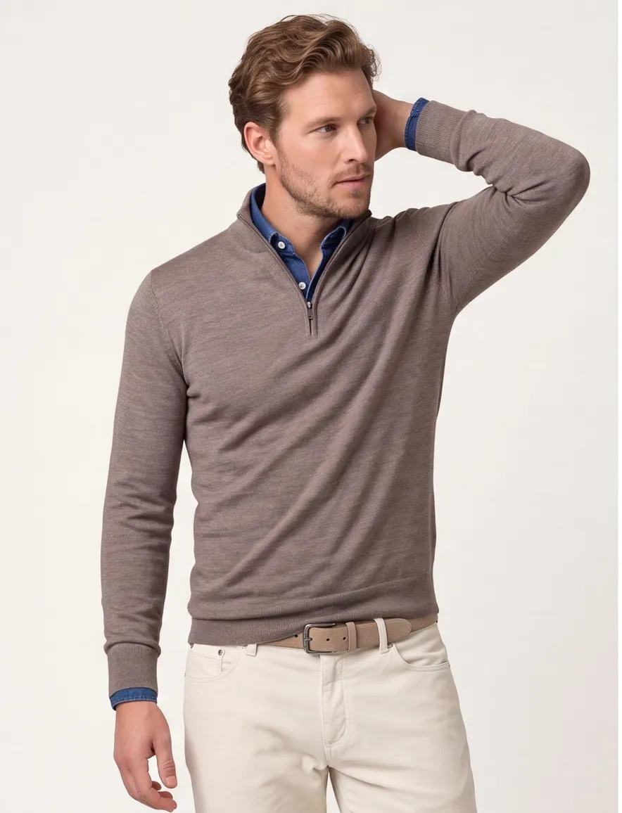 Portofino half zip trui merinowol taupe