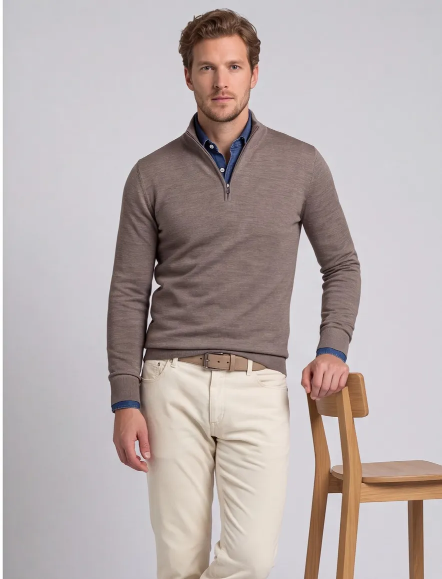 Portofino half zip trui merinowol taupe
