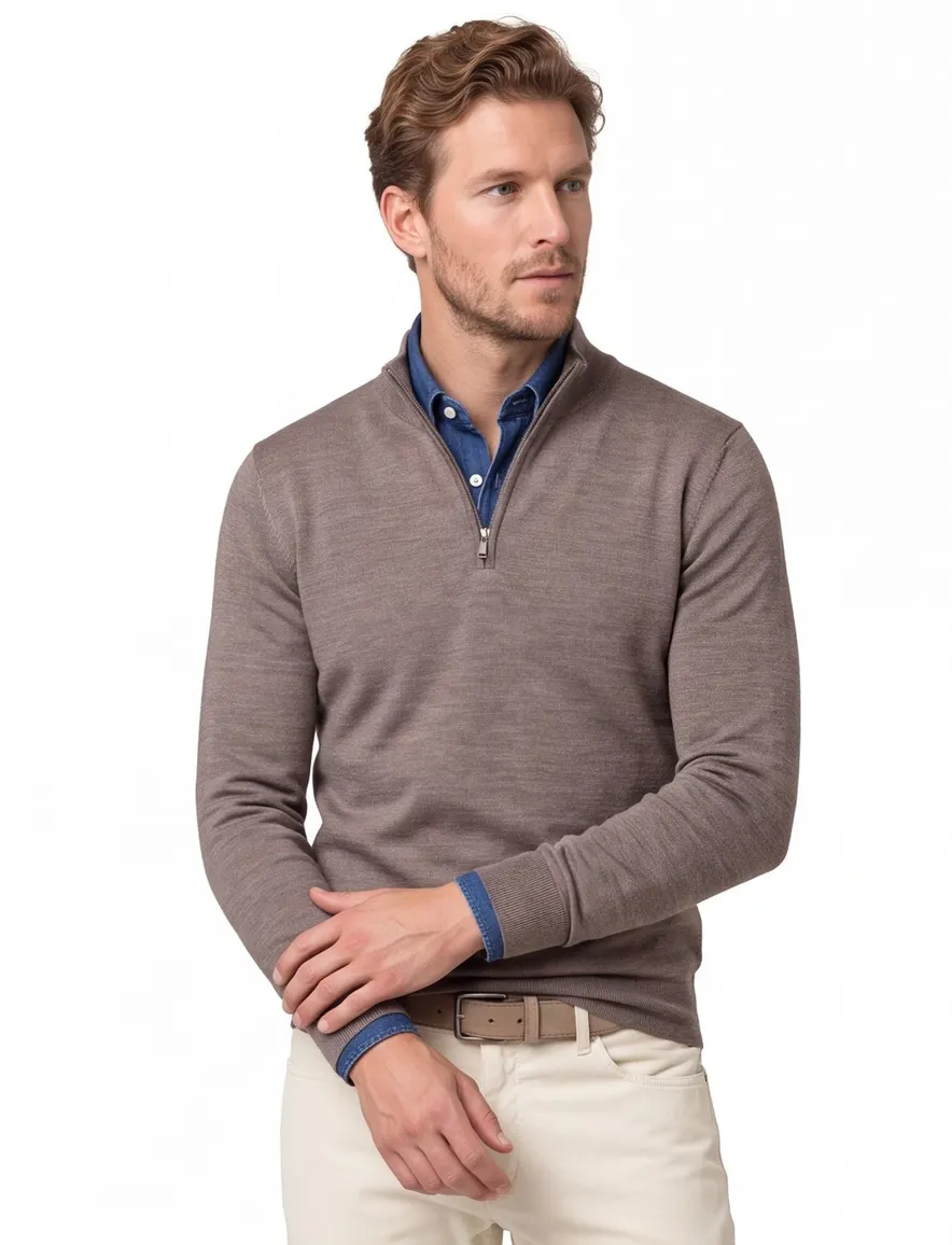 Portofino half zip trui merinowol taupe