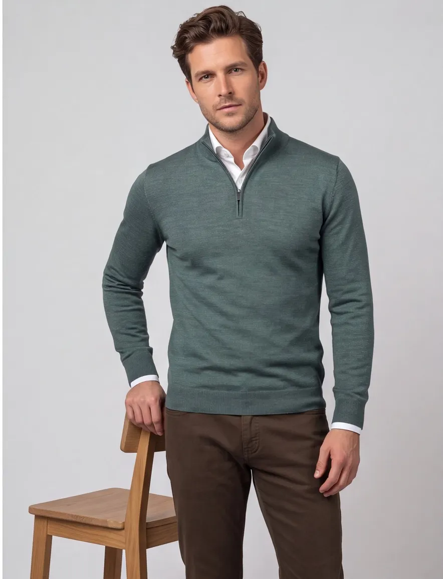 Portofino groen half zip trui merinowol extra lang