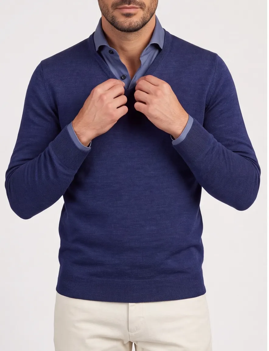 Portofino trui donkerblauw v hals gemeleerd merinowol