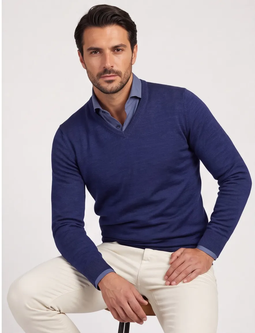 Portofino trui donkerblauw v hals gemeleerd merinowol