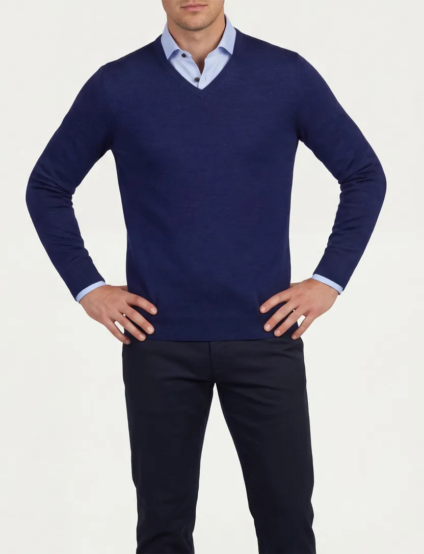 Portofino trui v hals donkerblauw gemeleerd