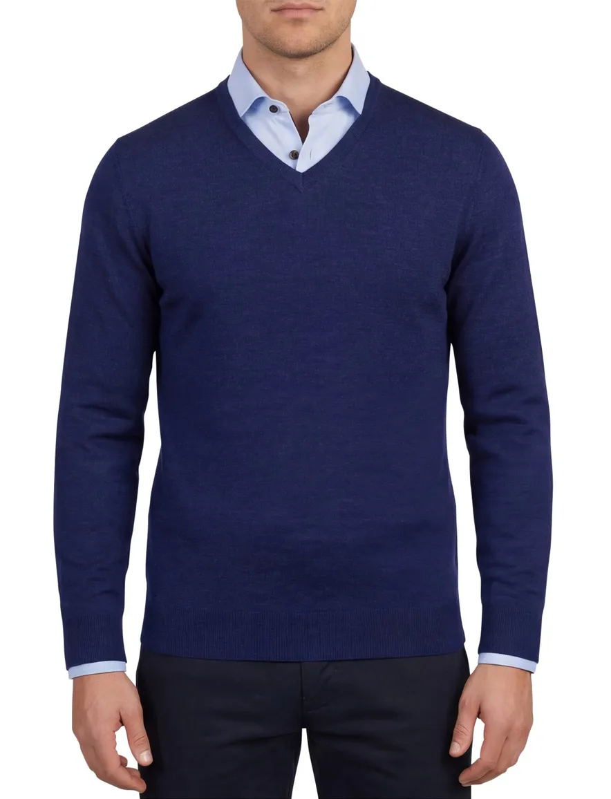 Portofino trui donkerblauw v hals gemeleerd merinowol