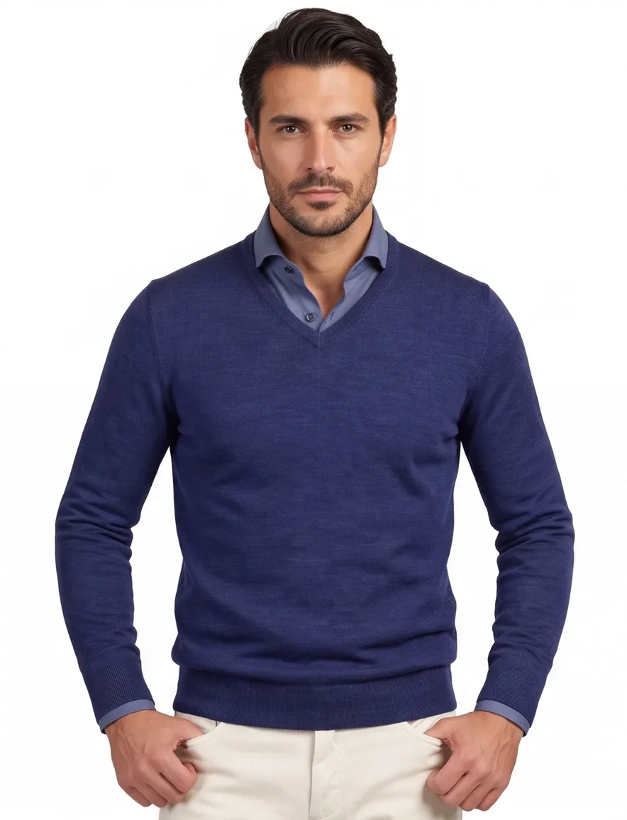 Portofino trui donkerblauw v hals gemeleerd merinowol