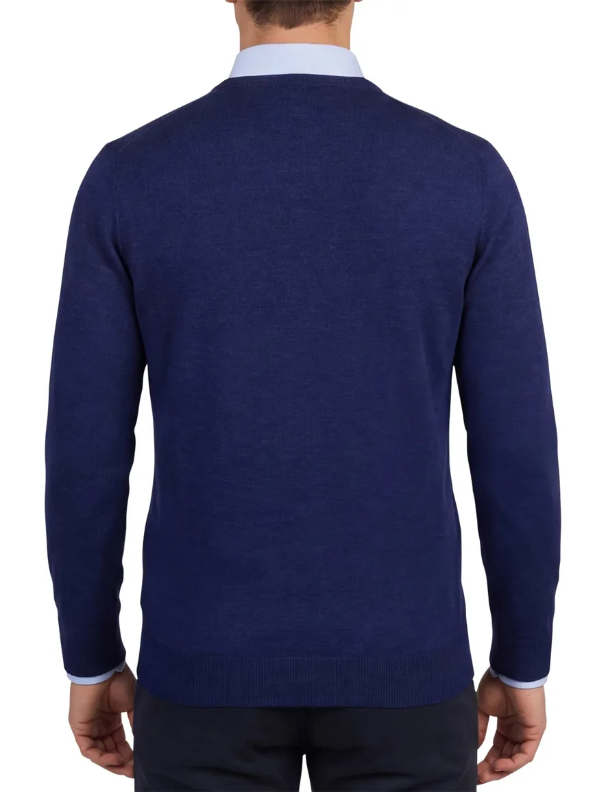 Portofino trui donkerblauw v hals gemeleerd merinowol