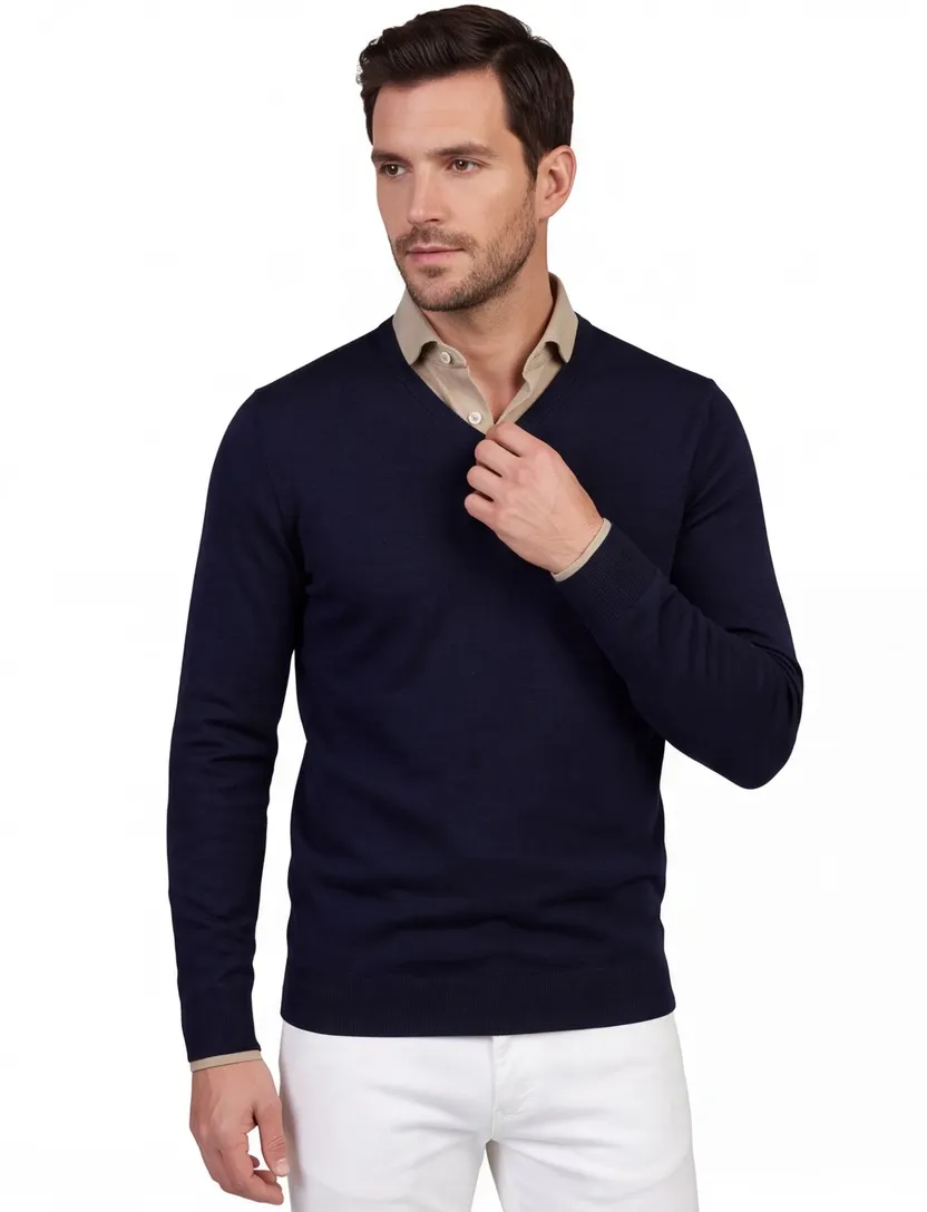 Portofino trui extra lange mouwlengte donkerblauw scheerwol
