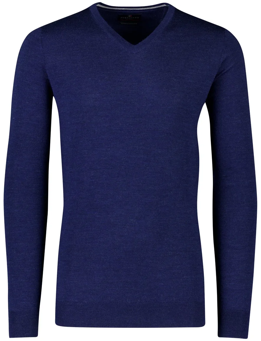 Portofino Trui extra lang blauw merinowol v hals