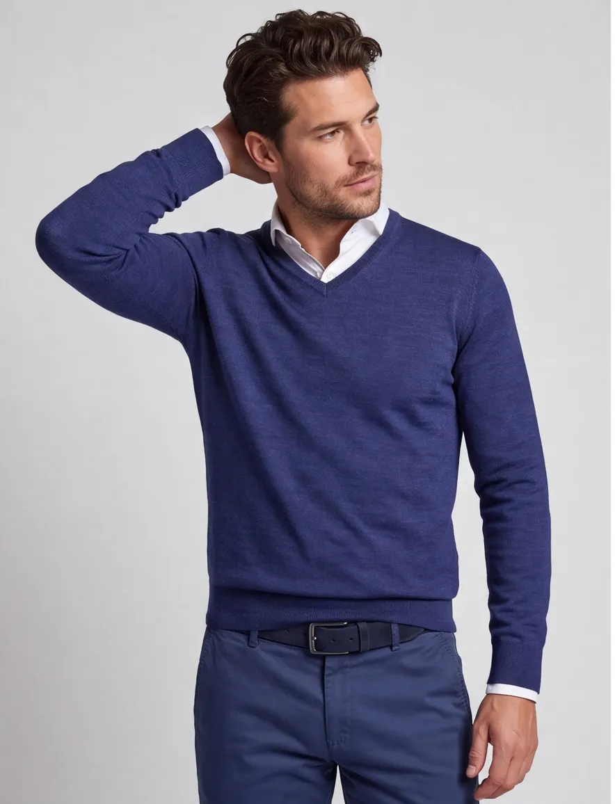 Portofino Trui extra lang blauw merinowol v hals