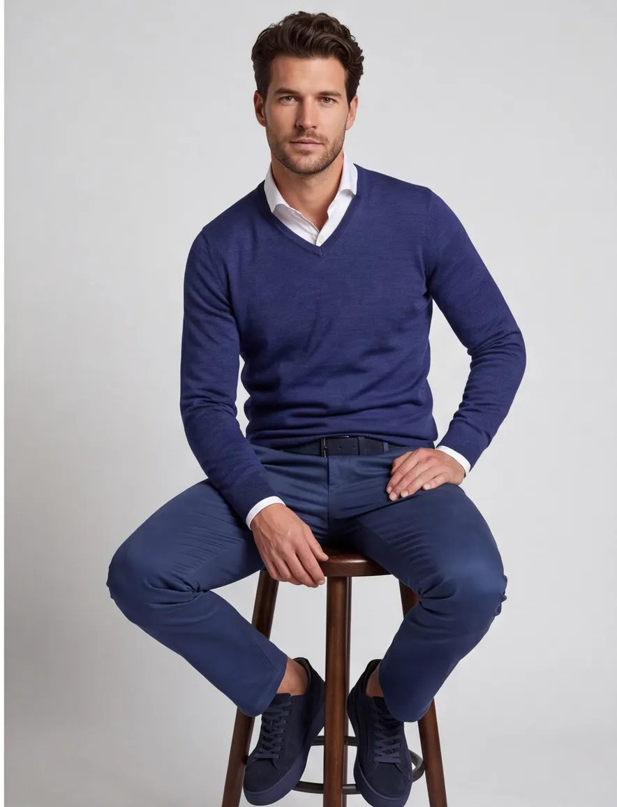 Portofino Trui extra lang blauw merinowol v hals