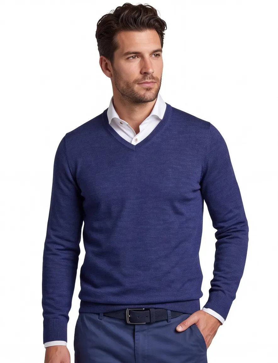 Portofino Trui extra lang blauw merinowol v hals