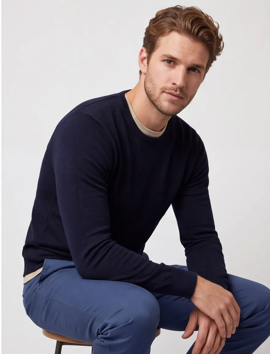 Portofino trui extra lange mouwlengte donkerblauw scheerwol
