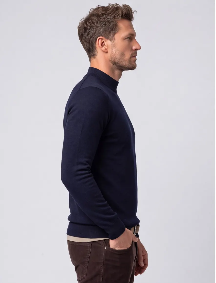 Portofino Trui extra lang d.blauw merinowol turleneck