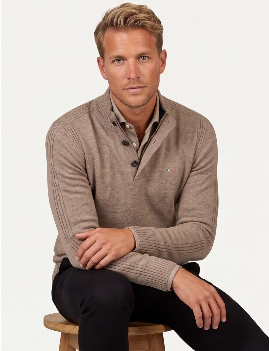 Portofino trui extra lange mouwlengte beige half zip