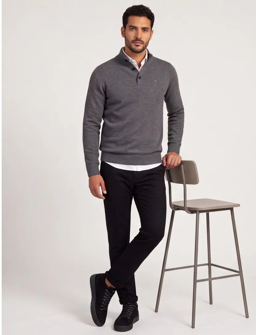 Portofino trui half zip trui melange antraciet lamswol ml7 gemêleerd